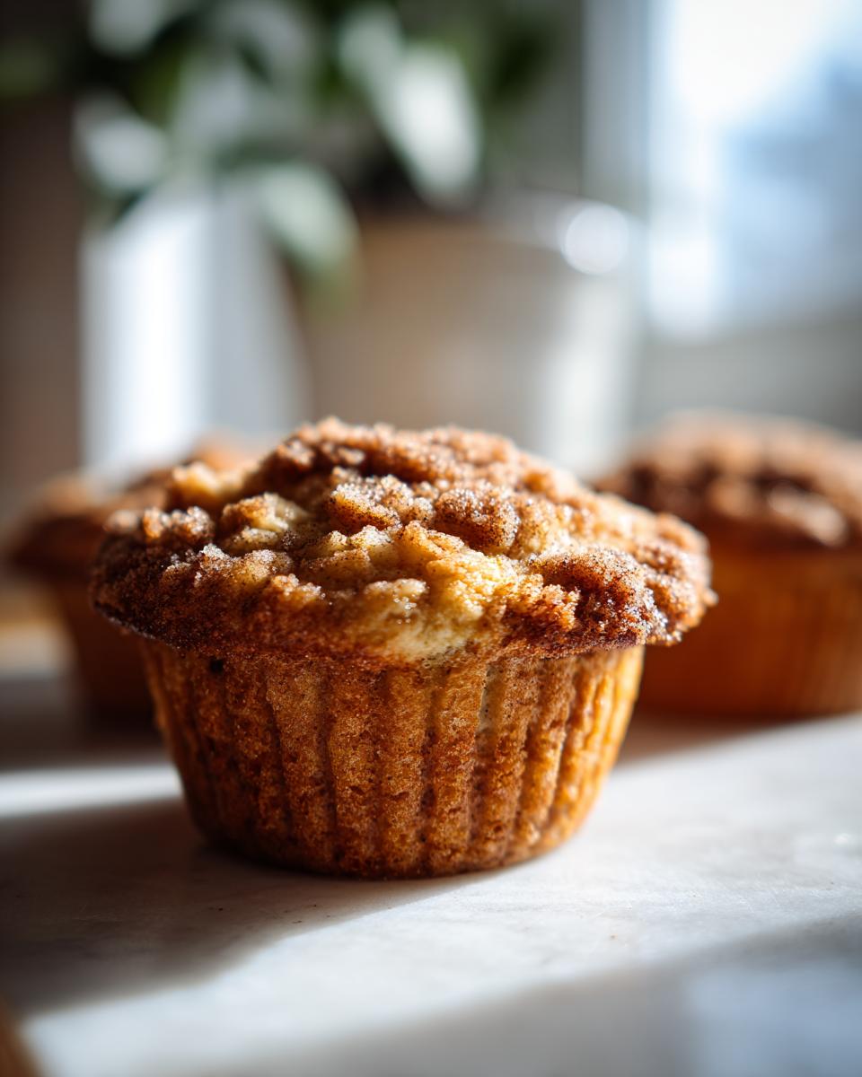 Close-up of a golden-brown apple cinnamon muffin with a crumbly streusel topping, in soft natural light.
