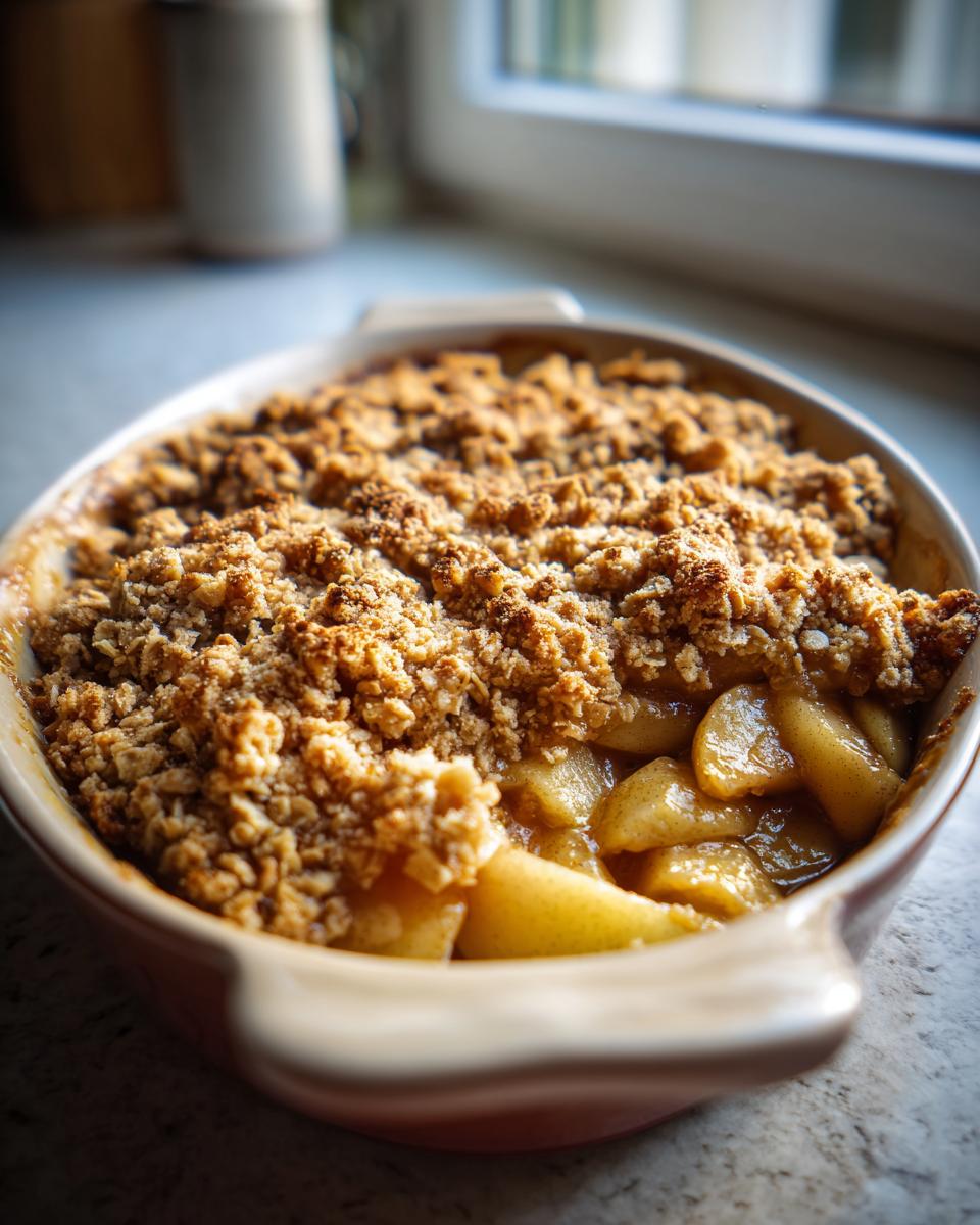 A close-up of a golden brown, baked apple crisp in a ceramic baking dish, showing tender apple slices under a crunchy oat topping.