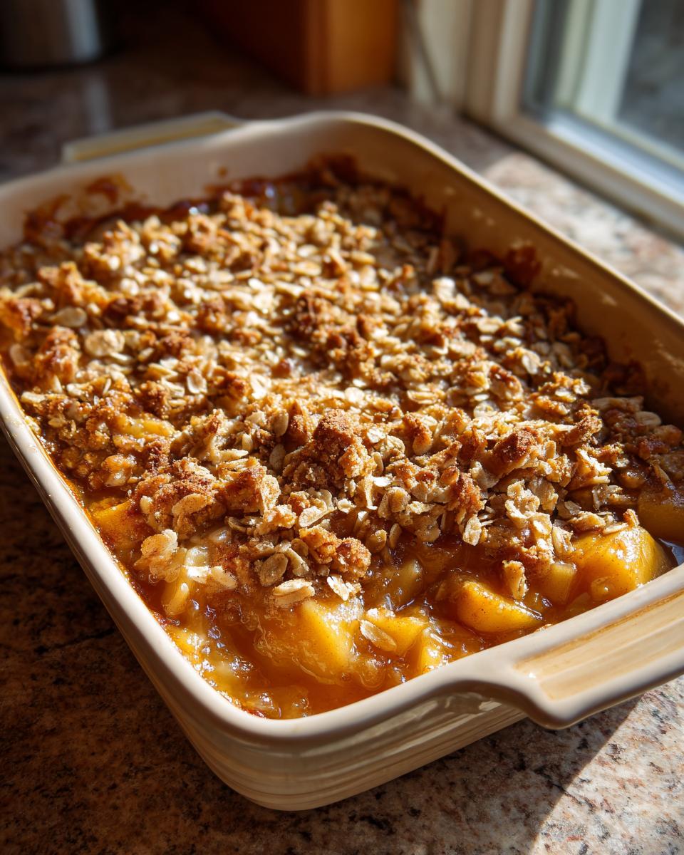A golden brown, freshly baked apple crisp in a rectangular baking dish, with visible fruit filling and a crunchy oat topping.