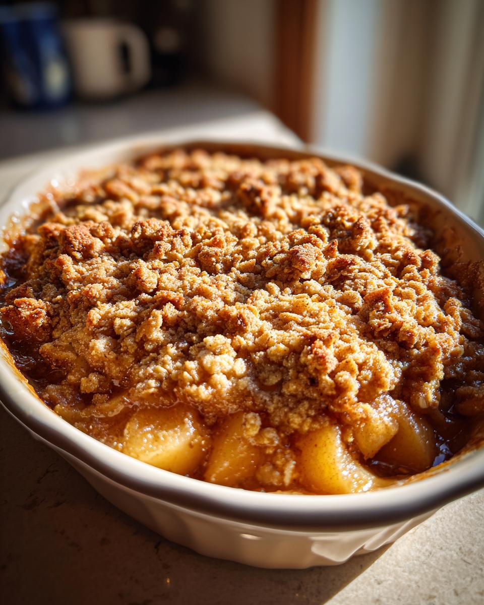 Close-up of a golden-brown baked Apple Crisp in a white oval baking dish, showing tender apple slices under a crumbly topping.