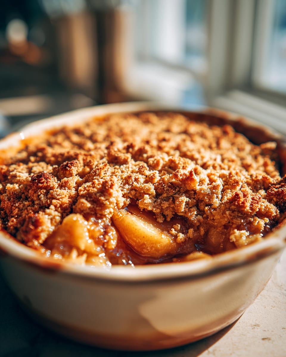 Close-up of a golden brown apple crisp in a rustic baking dish, showing baked apples and a crumbly topping.