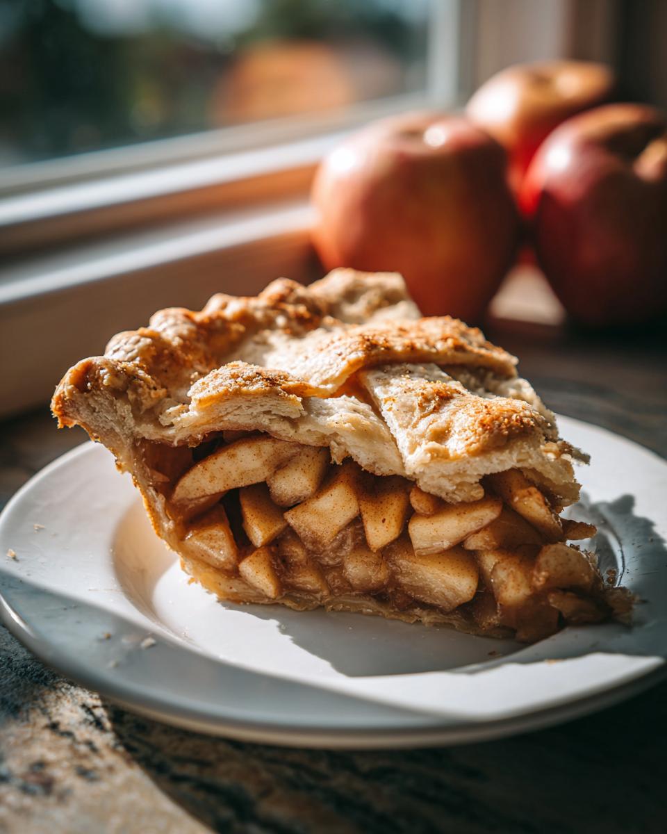 A close-up view of a generous slice of homemade apple pie on a white plate, showcasing the flaky crust and cinnamon-spiced apple filling.