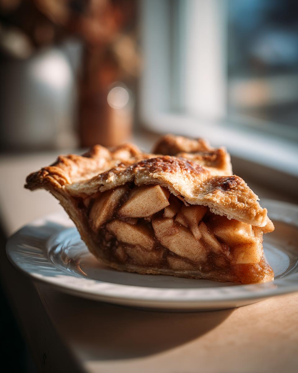 A close-up of a slice of homemade apple pie on a white plate, showcasing the flaky crust and cinnamon-spiced apple filling.