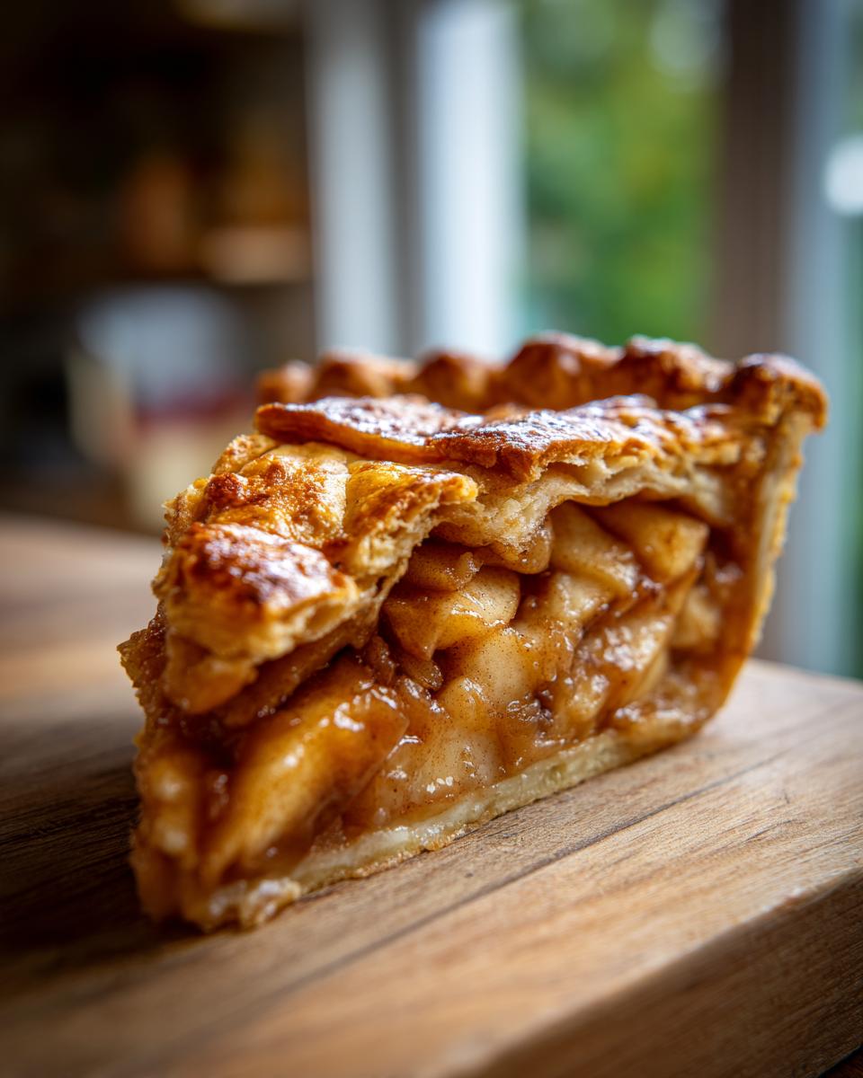 A close-up shot of a thick slice of homemade apple pie, showcasing the flaky crust and warm apple filling.