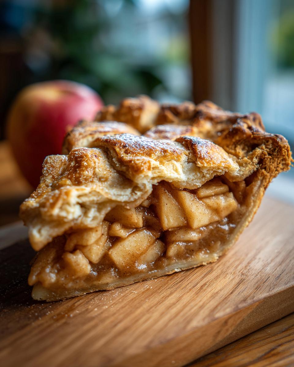 A close-up of a delicious slice of apple pie with a lattice crust, filled with spiced apple chunks.