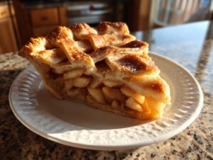 A close-up of a perfectly baked slice of apple pie, showcasing the lattice crust and tender apple filling.