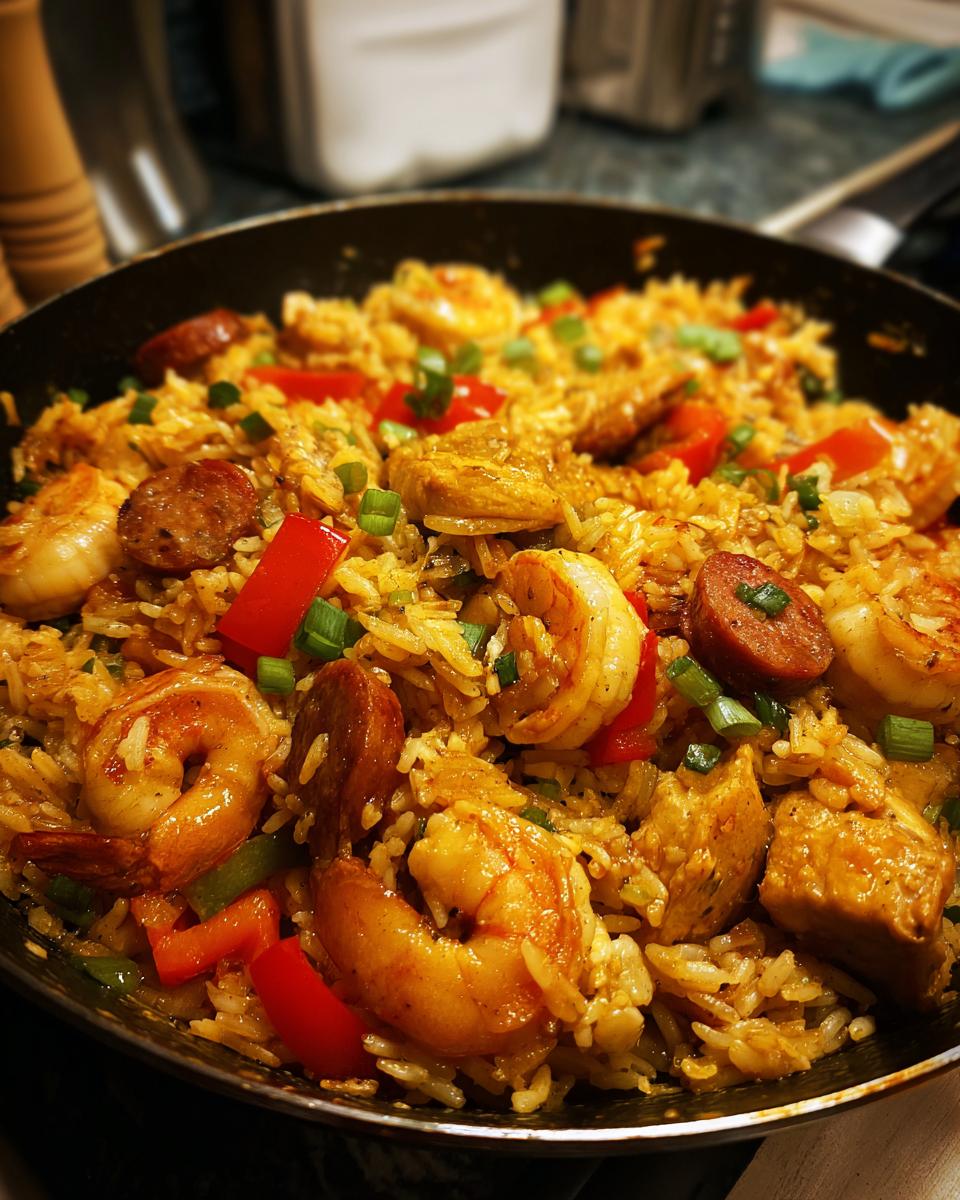 Close-up of a pan filled with authentic Jambalaya, featuring shrimp, sausage, chicken, and red bell peppers.