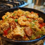 A close-up, mouthwatering view of authentic Jambalaya in a cast iron skillet, featuring succulent shrimp, savory sausage, chicken, and colorful bell peppers.