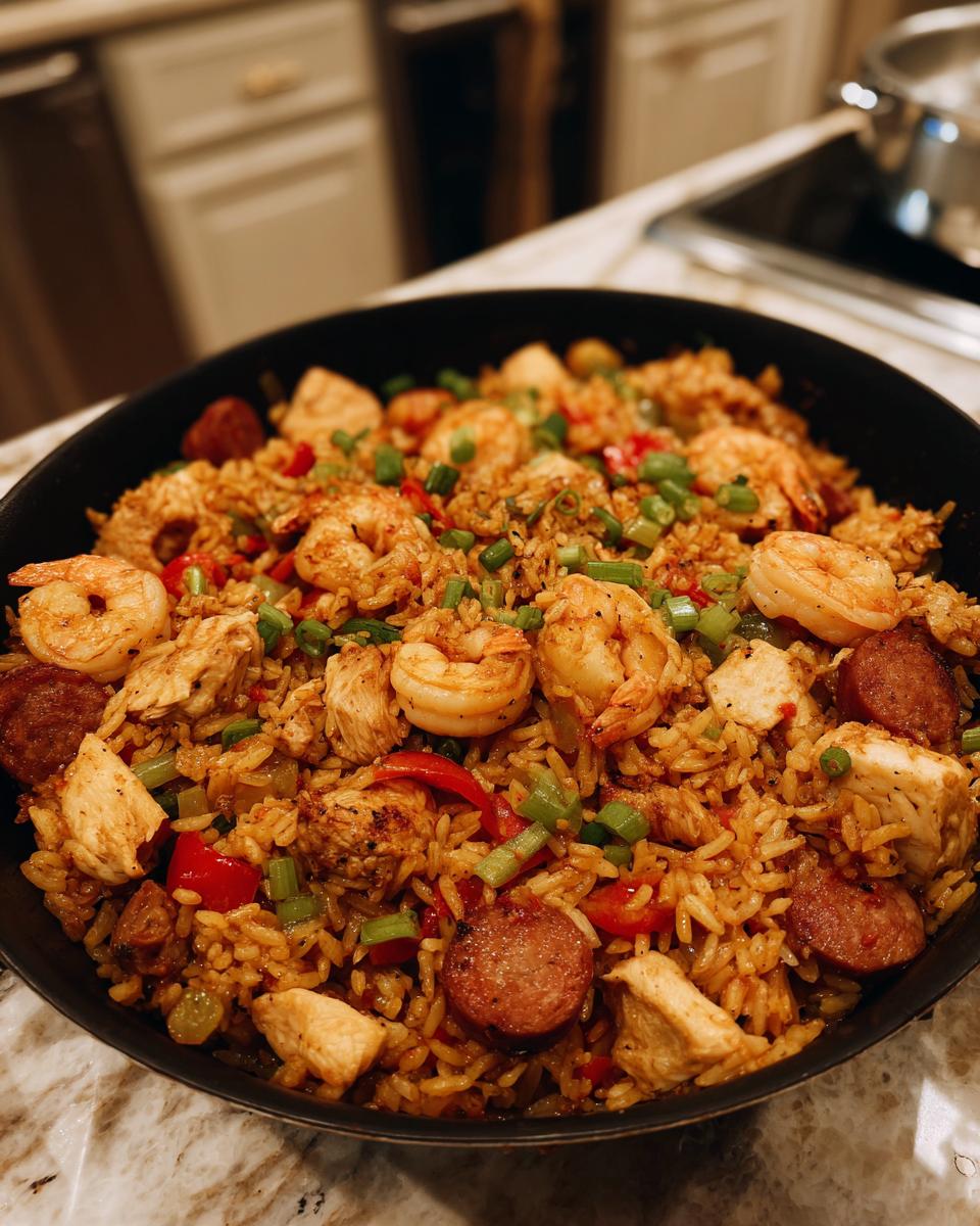 Close-up of a skillet filled with authentic Jambalaya, featuring shrimp, chicken, sausage, rice, and vegetables, garnished with green onions.