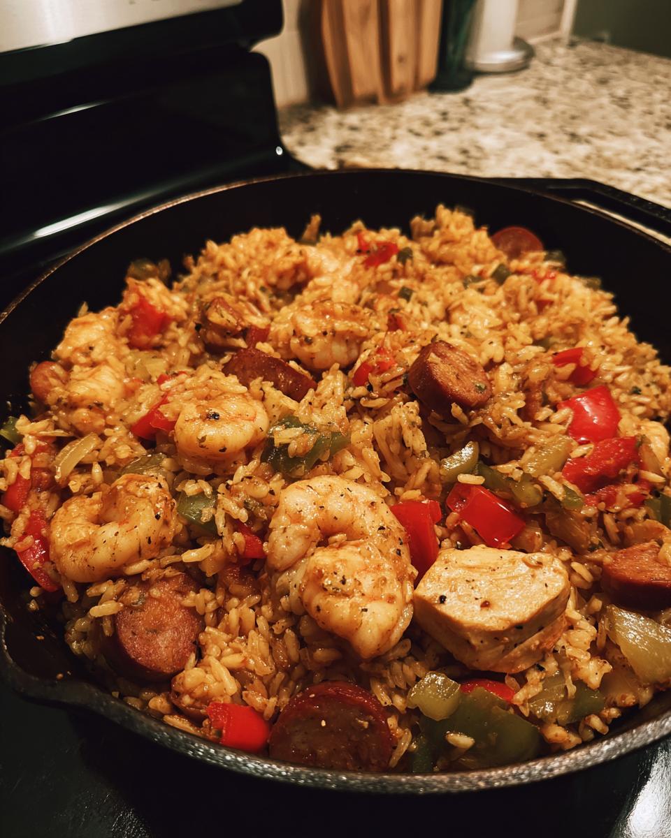 Close-up of a cast iron skillet filled with authentic jambalaya, featuring shrimp, sausage, chicken, and colorful bell peppers.