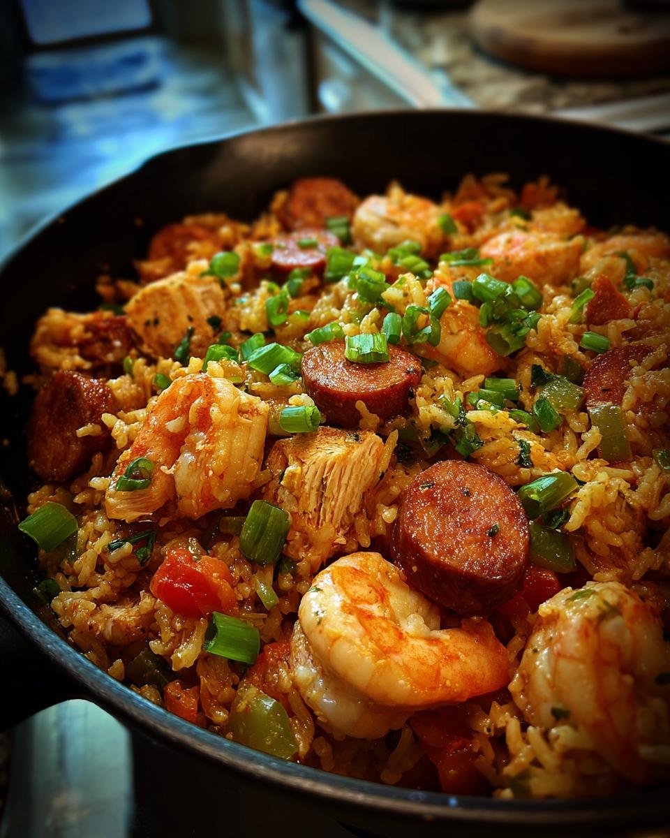 Close-up of a skillet filled with authentic jambalaya, featuring shrimp, chicken, sausage, and rice.