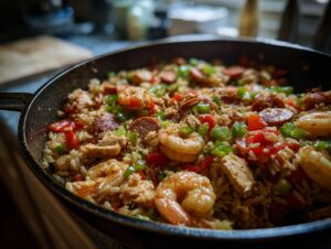 Close-up of a skillet filled with authentic Jambalaya, featuring shrimp, sausage, chicken, and colorful bell peppers.