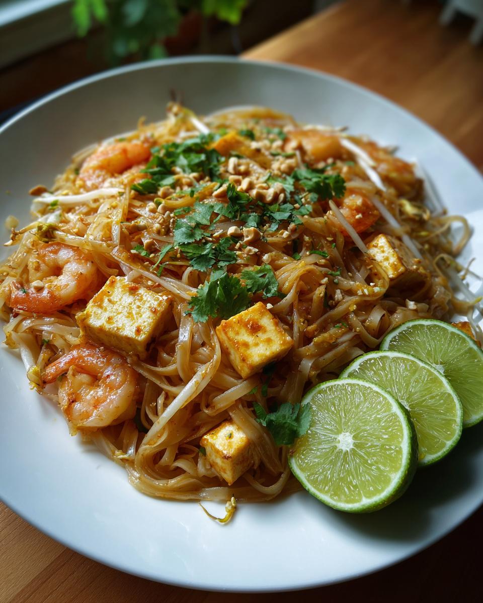 A close-up of delicious Pad Thai noodles with shrimp, fried tofu cubes, bean sprouts, crushed peanuts, and lime wedges.