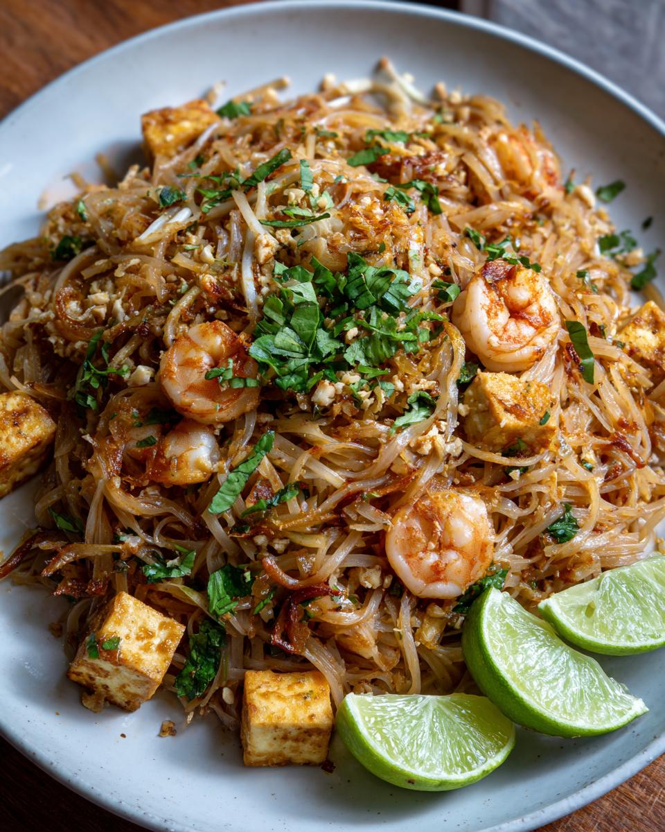 A close-up of a plate of authentic Pad Thai, featuring rice noodles, plump shrimp, fried tofu cubes, chopped peanuts, and fresh lime wedges.