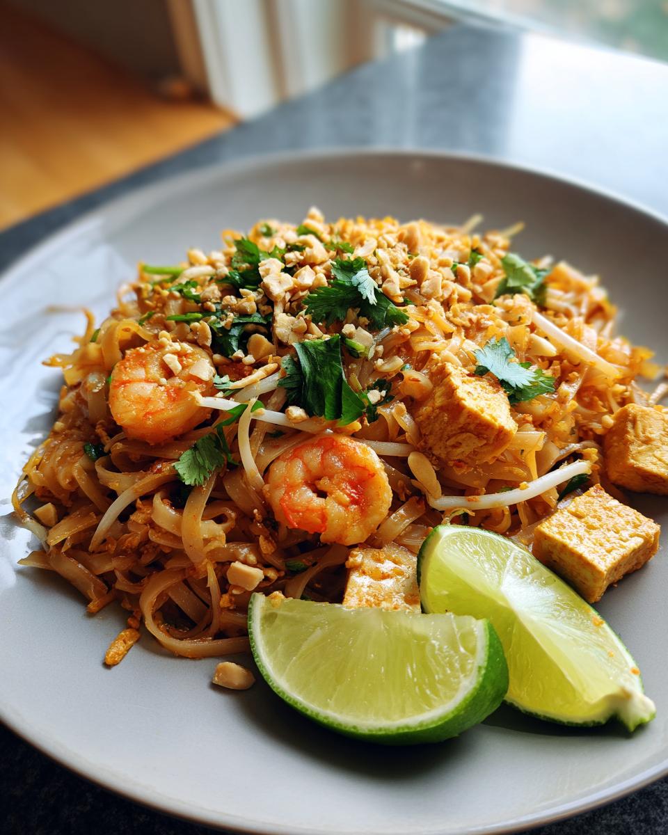 A close-up of a plate of authentic Pad Thai noodles with shrimp, tofu, bean sprouts, crushed peanuts, and lime wedges.