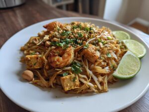 A delicious plate of authentic Pad Thai featuring rice noodles, shrimp, tofu, bean sprouts, peanuts, and lime wedges.