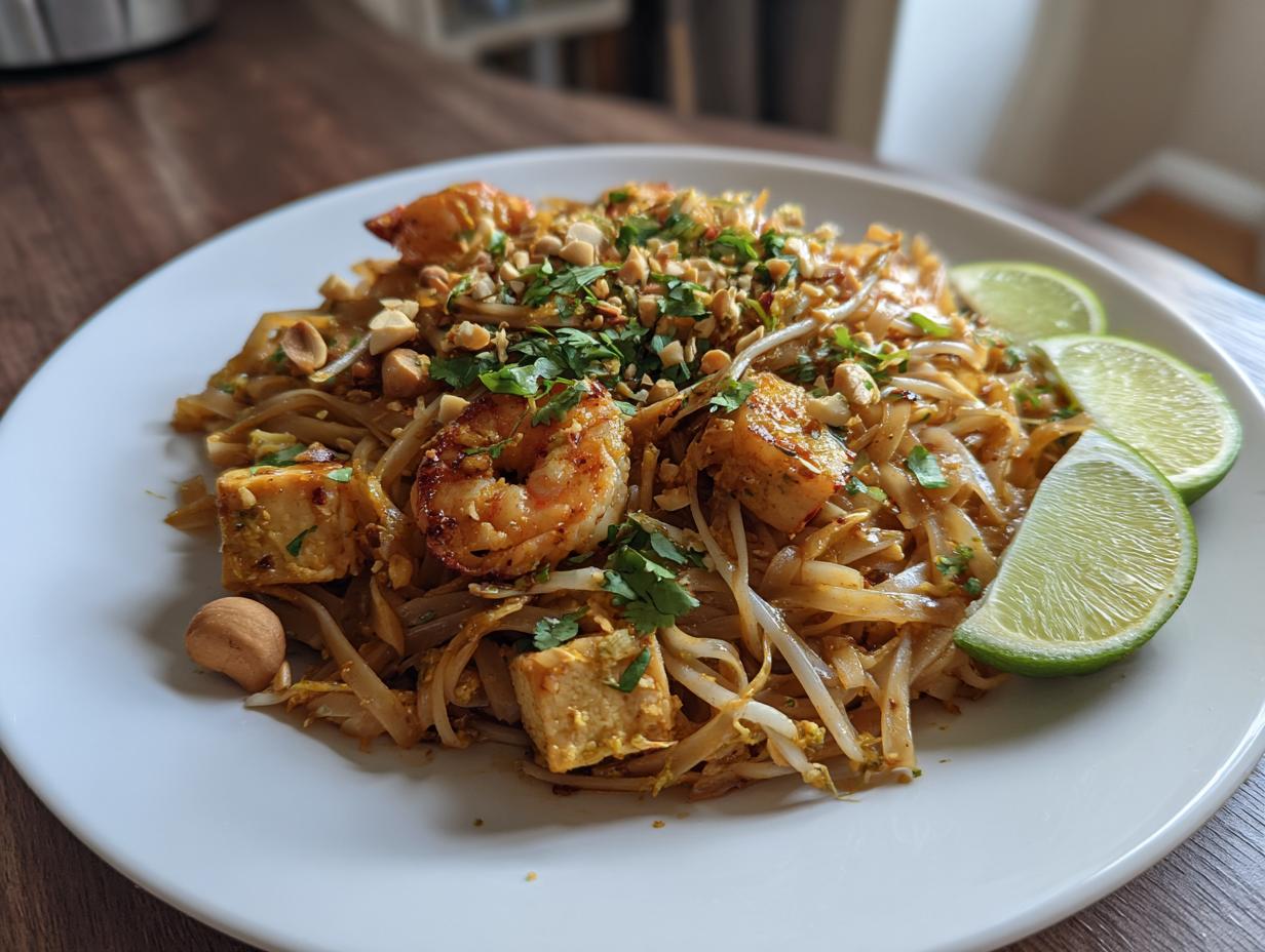 A delicious plate of authentic Pad Thai featuring rice noodles, shrimp, tofu, bean sprouts, peanuts, and lime wedges.