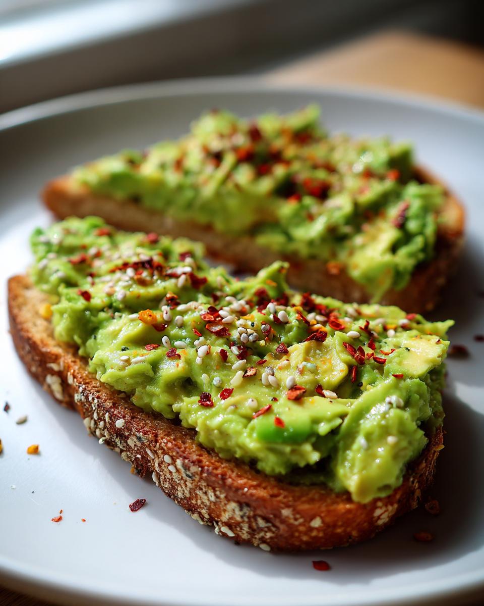 Close-up of two slices of avocado toast topped with mashed avocado and sprinkled with chili flakes and sesame seeds.