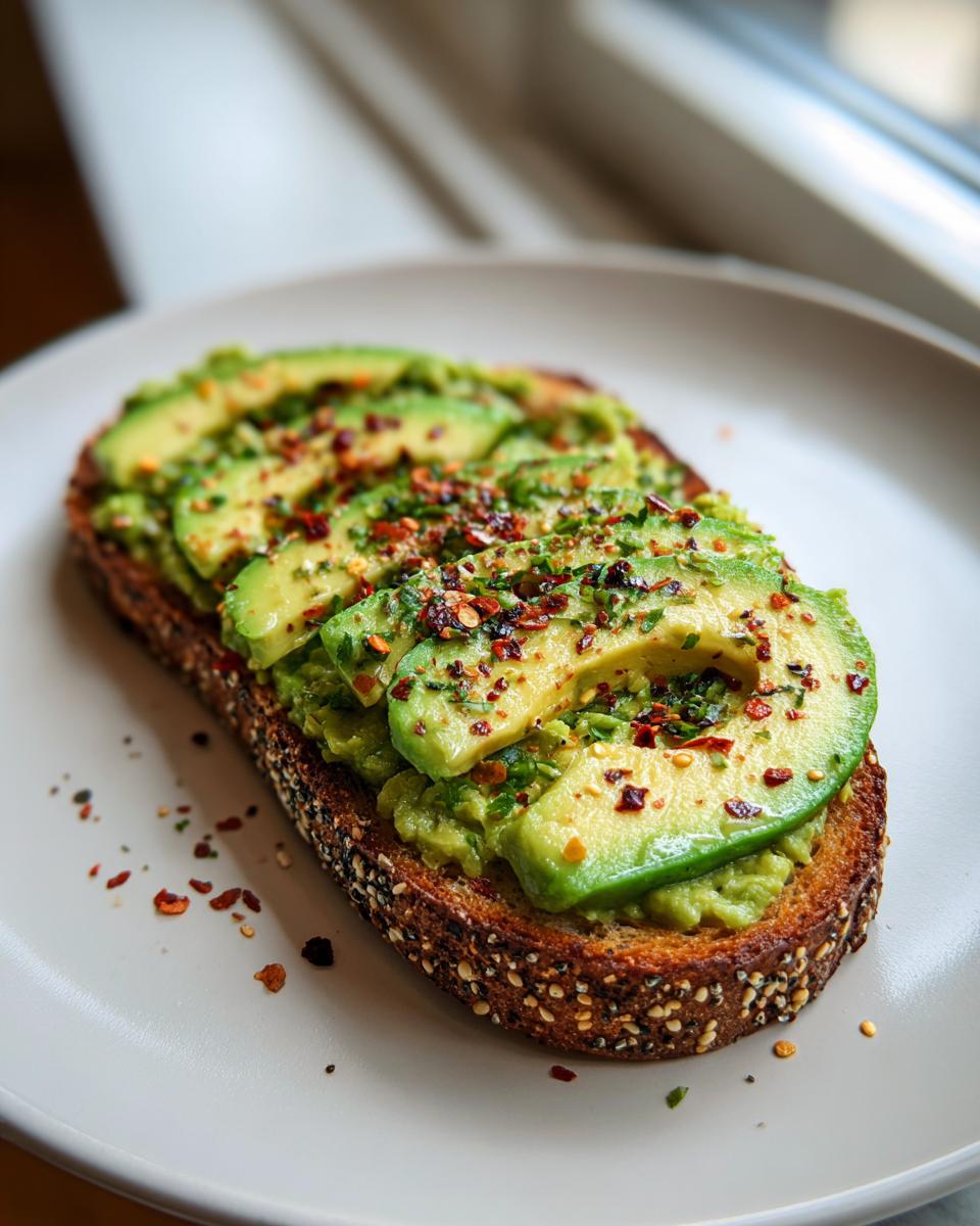 Close-up of a slice of avocado toast topped with sliced avocado, mashed avocado, and red pepper flakes.