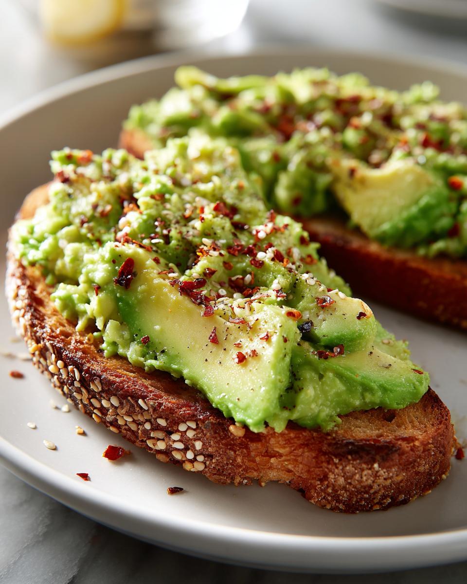 Close-up of two slices of avocado toast on a plate, topped with mashed avocado and red pepper flakes.