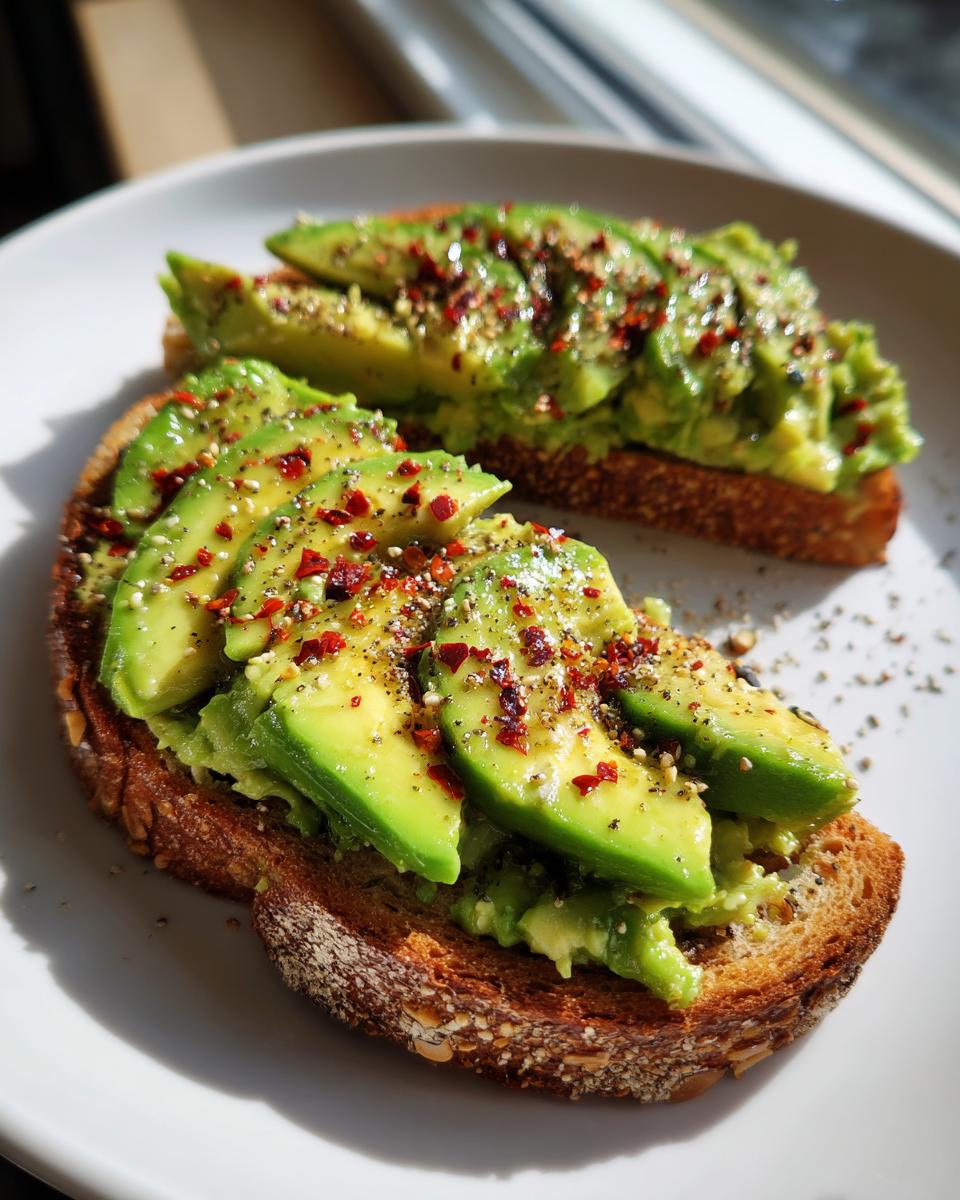 Close-up of two slices of whole-wheat toast topped with mashed and sliced avocado, sprinkled with red pepper flakes and black pepper.