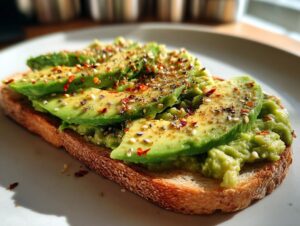Close-up of a slice of toasted bread topped with mashed and sliced avocado, sprinkled with everything bagel seasoning.
