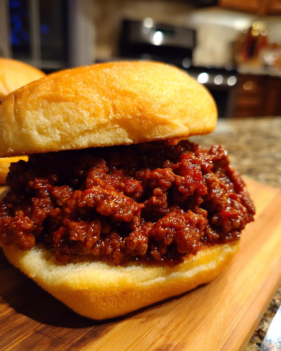A close-up of a delicious Sloppy Joe sandwich on a wooden cutting board, showcasing the savory meat filling and soft bun.