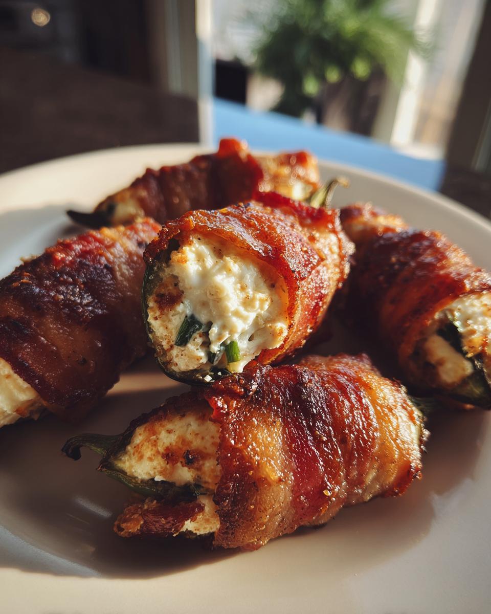 Close-up of several crispy, bacon-wrapped jalapeño poppers filled with cream cheese and herbs on a plate.