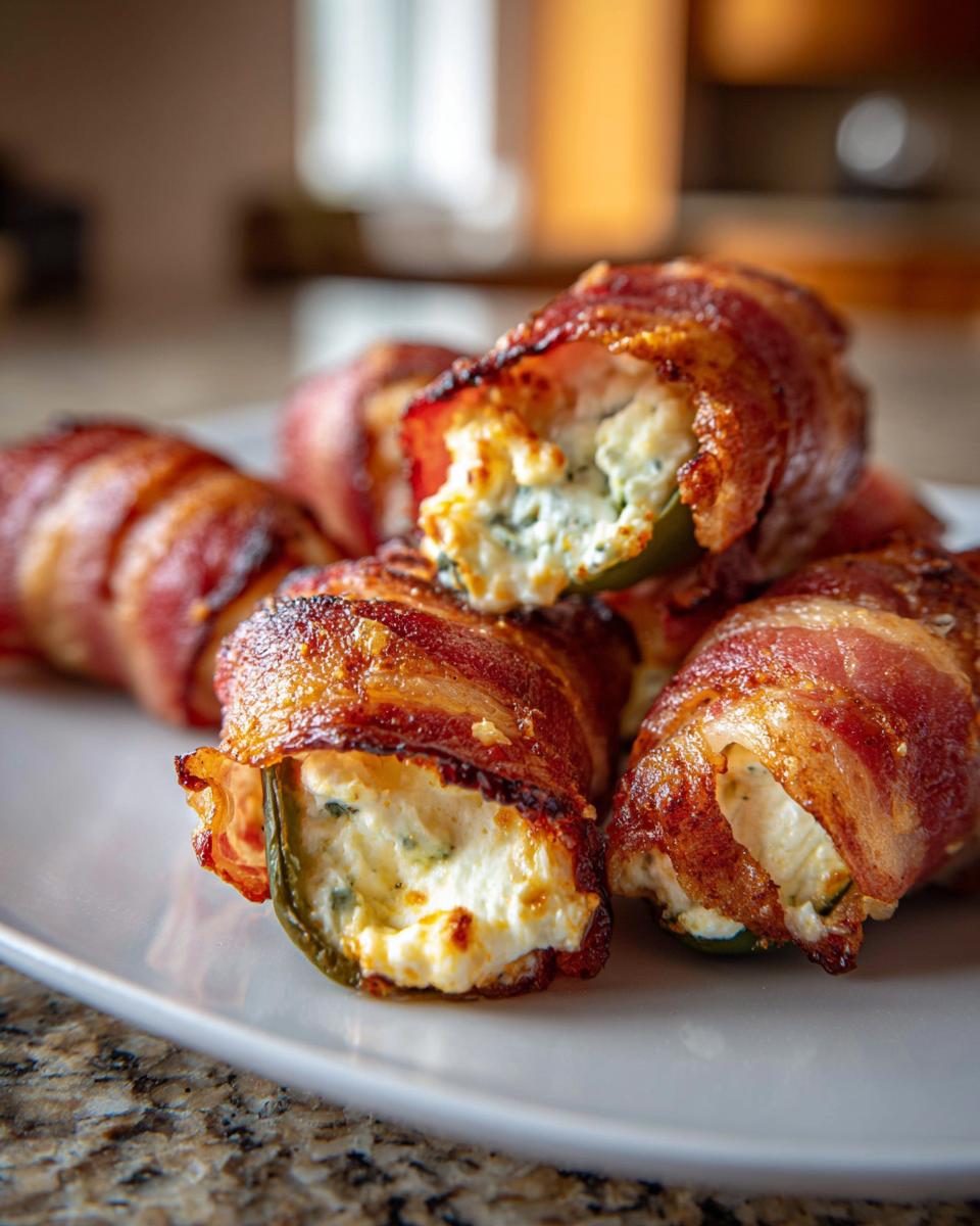 Close-up of crispy bacon-wrapped jalapeño poppers filled with creamy cheese.