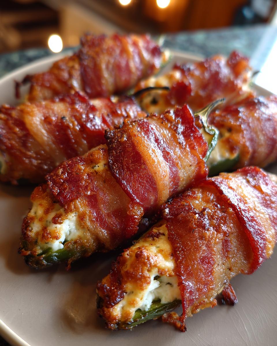 Close-up of delicious bacon-wrapped jalapeño poppers filled with cream cheese.