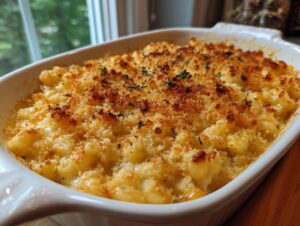 Close-up of a golden-brown baked mac and cheese in a white casserole dish, topped with crispy breadcrumbs and herbs.