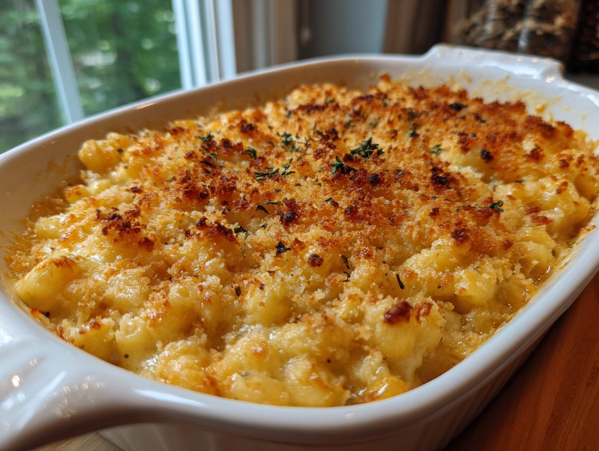 Close-up of a golden-brown baked mac and cheese in a white casserole dish, topped with crispy breadcrumbs and herbs.