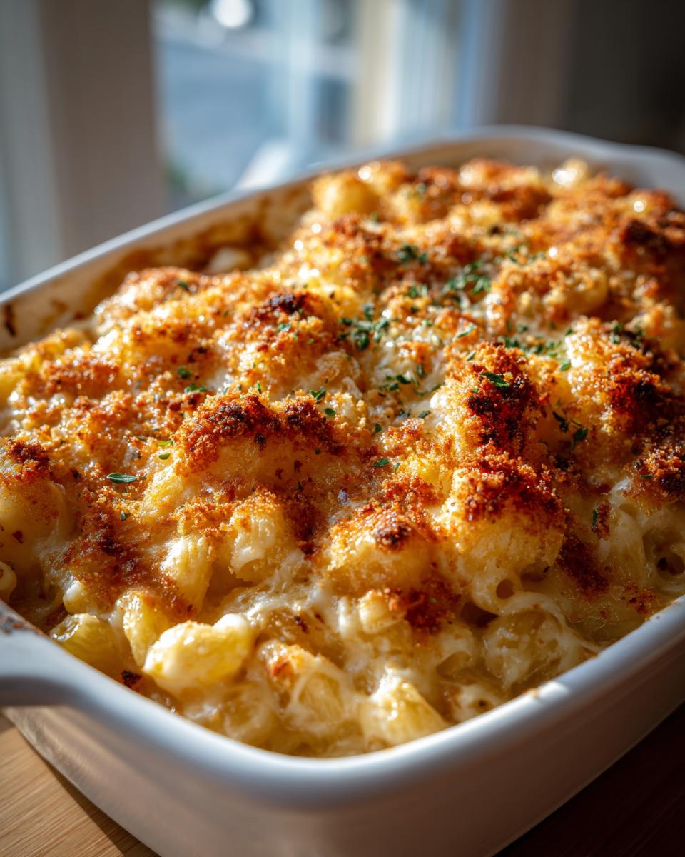 Close-up of creamy baked mac and cheese with a golden-brown crispy topping.