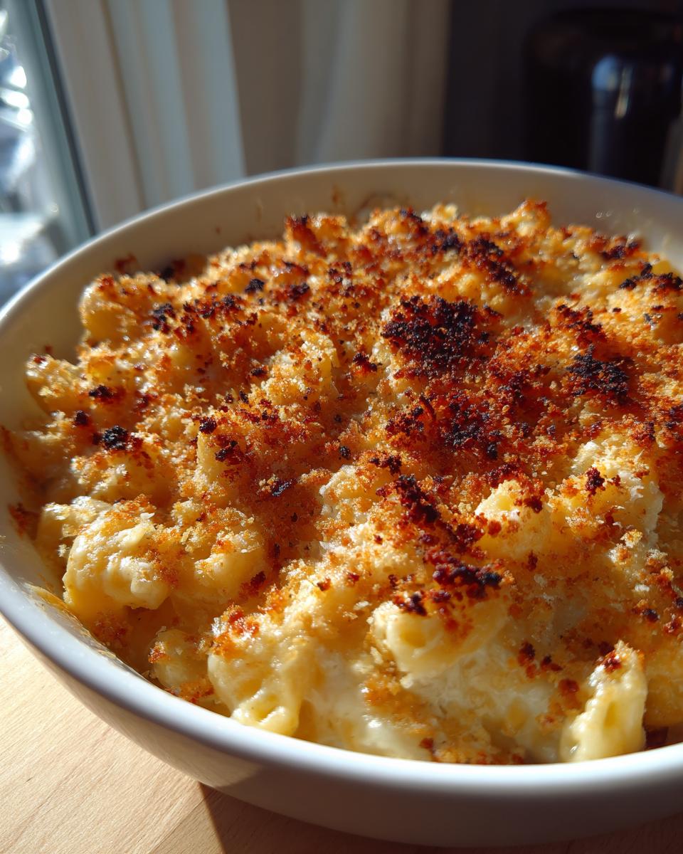 Close-up of a bowl of creamy baked mac and cheese with a golden brown, crispy breadcrumb topping.