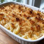 Close-up of a white baking dish filled with creamy baked mac and cheese topped with golden brown breadcrumbs.