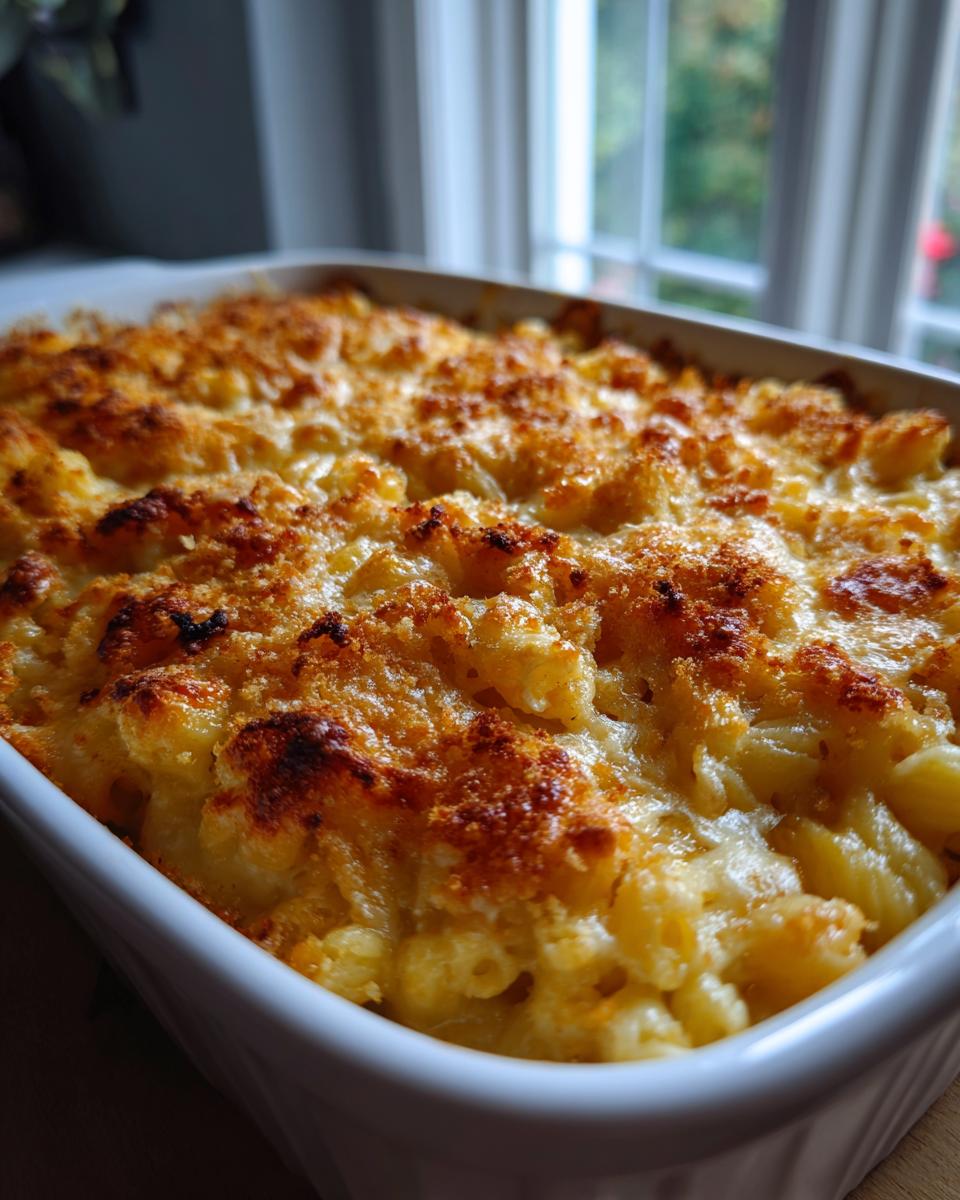 Close-up of a golden-brown baked mac and cheese in a white baking dish, with a crispy breadcrumb topping.