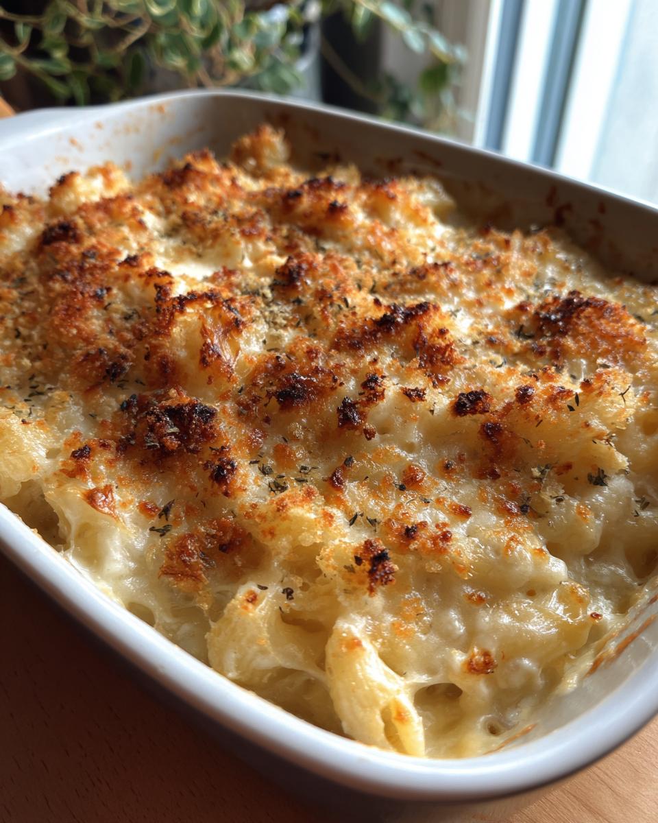 Close-up of a white baking dish filled with creamy, golden-brown baked mac and cheese, topped with crispy breadcrumbs.