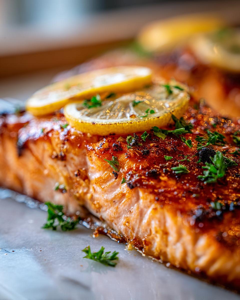 Close-up of a flaky baked salmon fillet topped with lemon slices and fresh parsley.