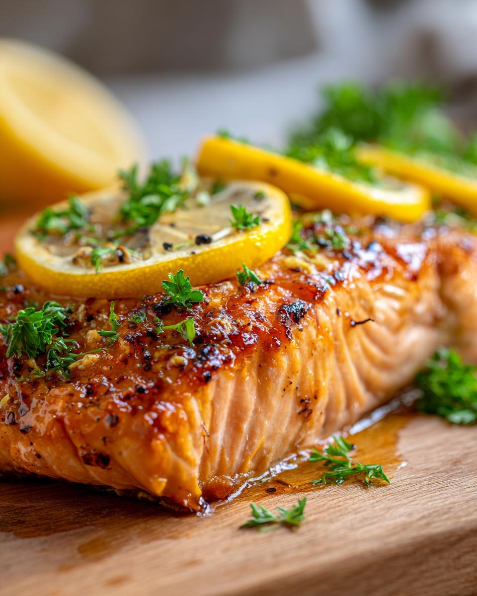 A close-up of a perfectly baked salmon fillet, topped with lemon slices and fresh parsley, on a wooden board.