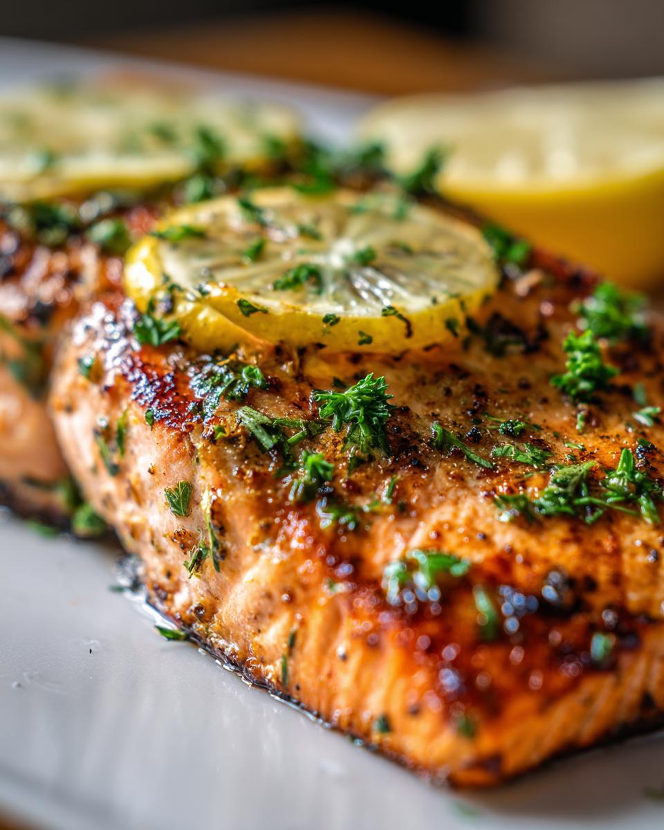 Close-up of a flaky baked salmon fillet topped with lemon slices and fresh parsley.