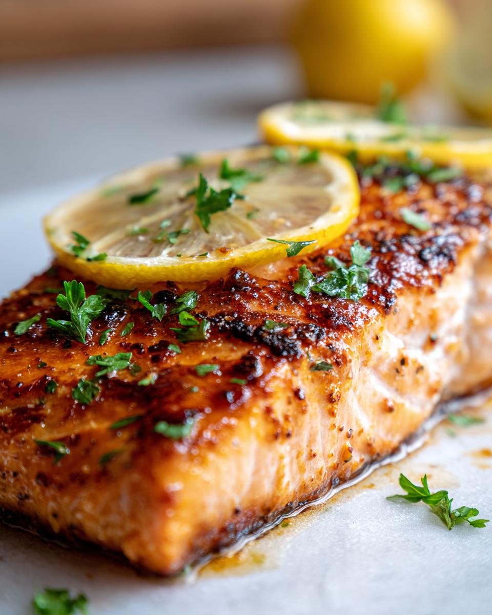 A close-up of a perfectly baked salmon fillet, topped with lemon slices and fresh parsley.