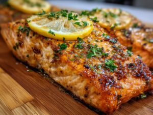 Close-up of a perfectly baked salmon fillet topped with lemon slices and fresh parsley.