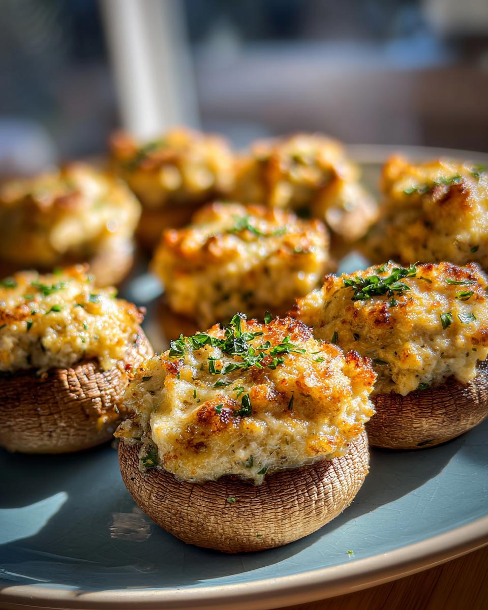 Close-up of golden brown baked stuffed mushrooms, garnished with fresh parsley, ready to serve as an appetizer.