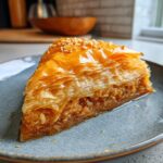A close-up of a golden-brown slice of Baklava, showcasing its flaky layers and nutty filling, drizzled with syrup.
