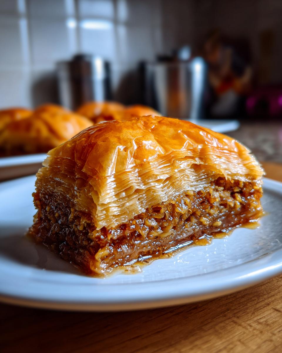 Close-up of a golden-brown, flaky baklava slice on a white plate, showcasing layers of phyllo dough and nutty filling.