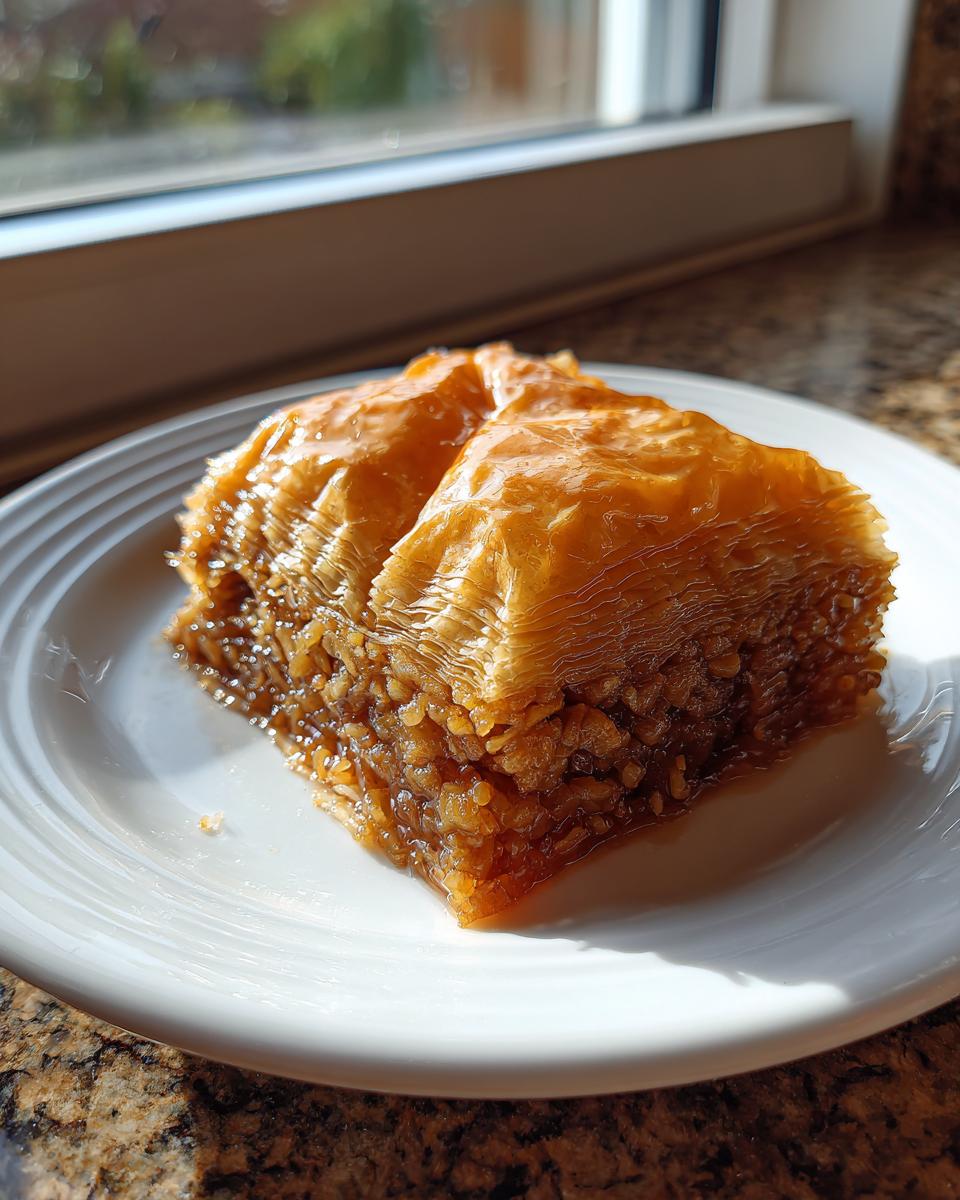 A close-up shot of a golden-brown slice of Baklava on a white plate, glistening with syrup.