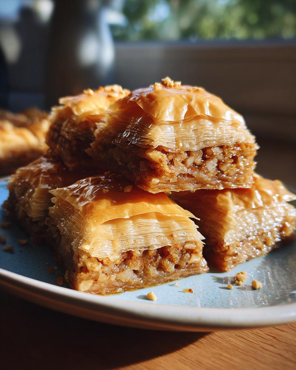 Close-up of stacked, golden-brown baklava pieces on a blue plate, glistening with syrup and topped with chopped nuts.