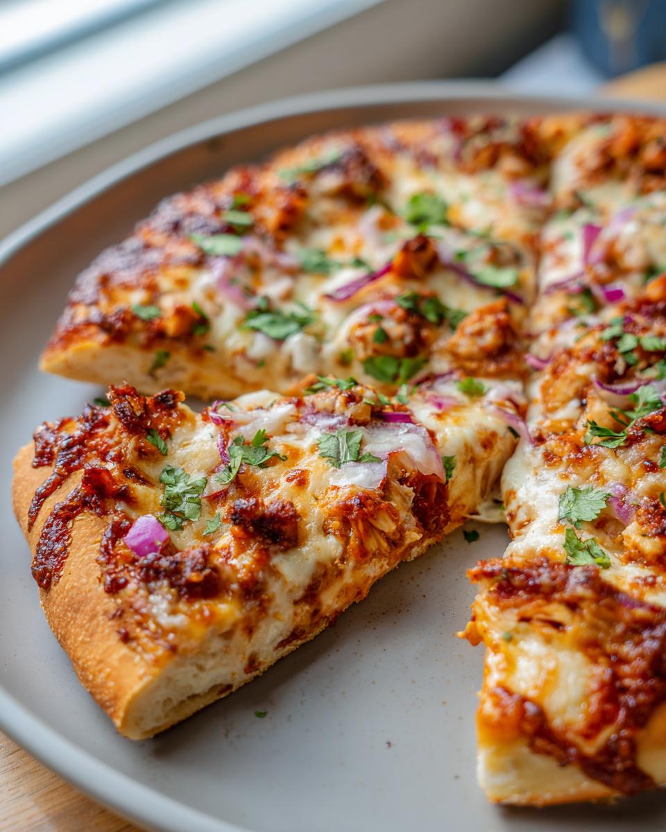 A mouthwatering slice of BBQ chicken pizza topped with melted cheese, red onions, and cilantro.