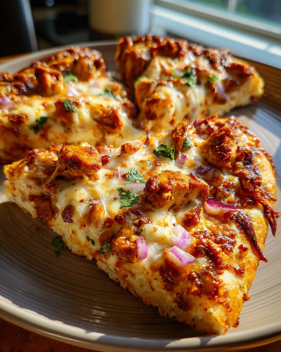 Close-up of a slice of BBQ chicken pizza with melted cheese, red onions, and cilantro.