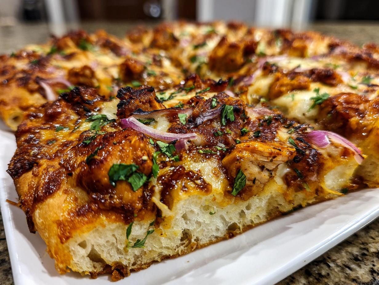 A close-up shot of a slice of BBQ chicken pizza, featuring tender chicken pieces, melted cheese, red onions, and fresh parsley.